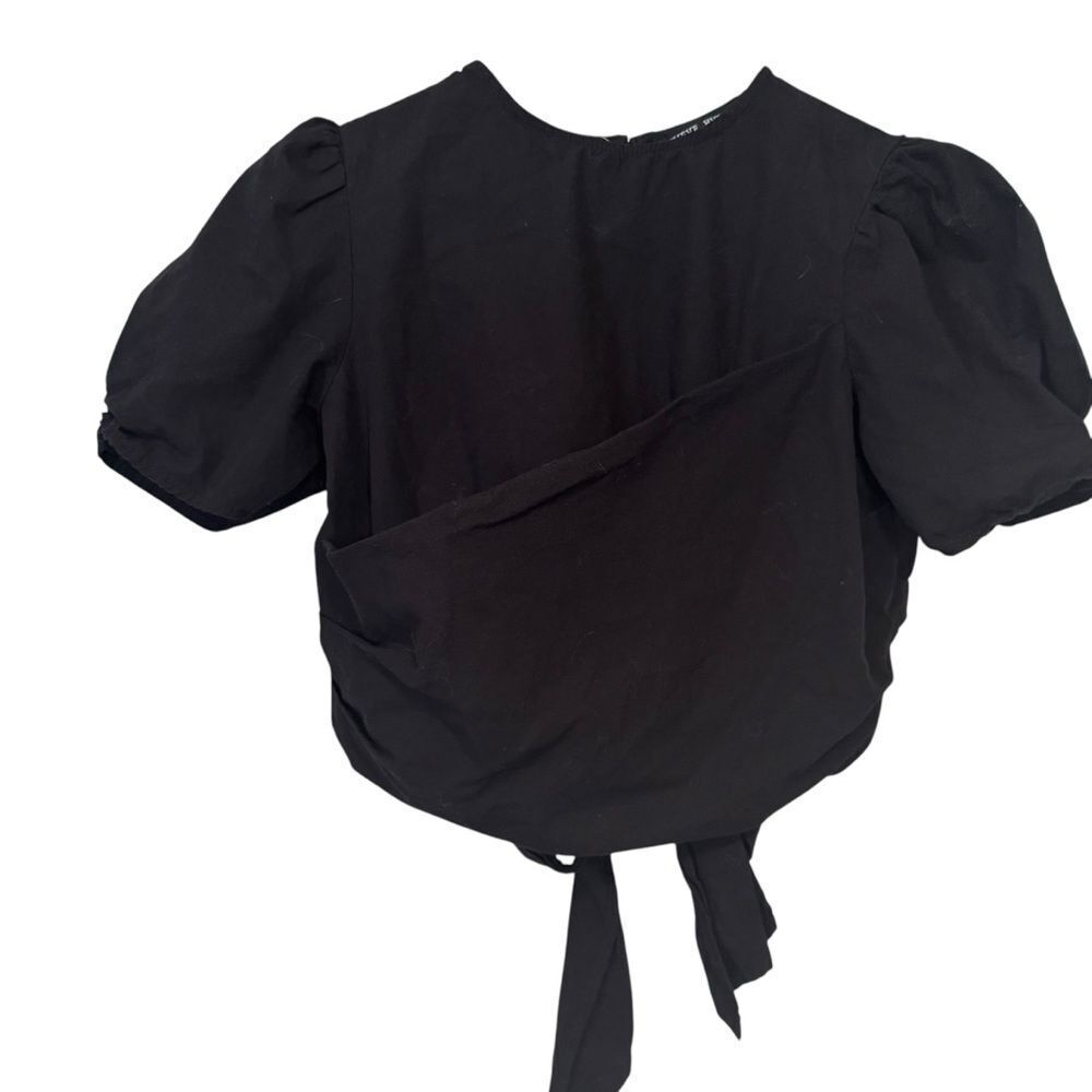 Black Puff Sleeve Open Tie Back Blouse